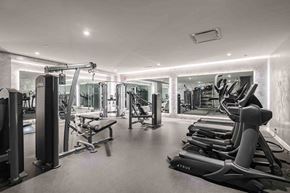 Stamford apartment for rent - Modern fitness center with treadmills, weight machines, and large wall mirrors.