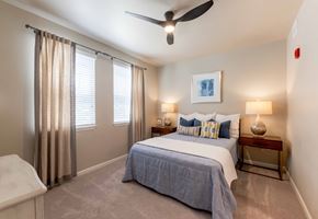 Santa Rosa Beach apartment for rent - Cozy bedroom featuring a ceiling fan and large windows at The Sanctuary at 331 in Santa Rosa Beach, FL