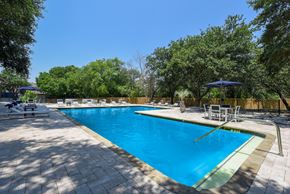 San Antonio apartment for rent - a swimming pool with chairs and umbrellas in a backyard with trees