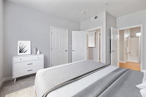Petaluma apartment for rent - 1 Bedroom Apartments in Petaluma, CA - Theatre Square - Furnished Bedroom with Plush Carpet Flooring, a Closet, and an In-Suite Bathroom