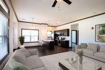 Parkville apartment for rent - A modern living room with a grey sofa and a glass coffee table.