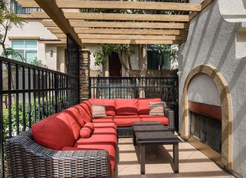 Poolside fireplace with cabana