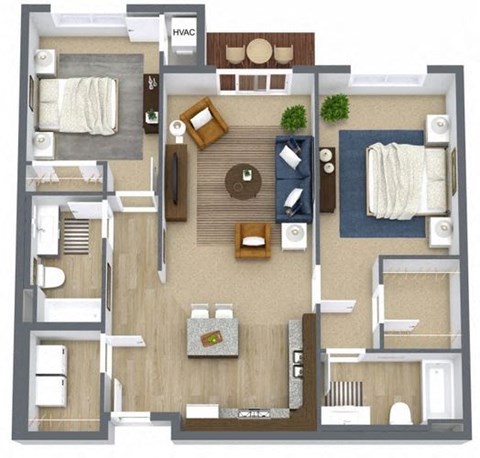 Floor plan for 2 beds, 2 baths, 1050 sqft