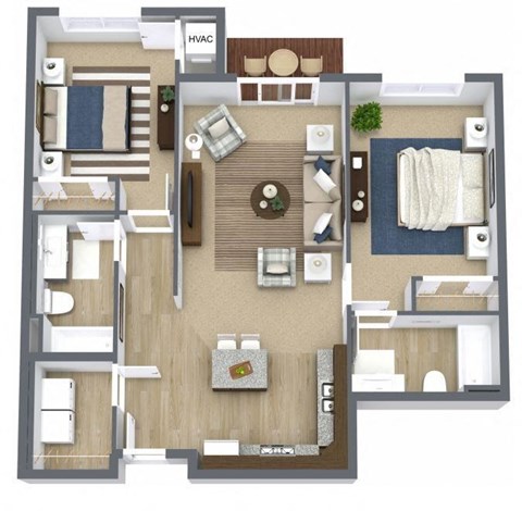 Floor plan for 2 beds, 2 baths, 985 sqft