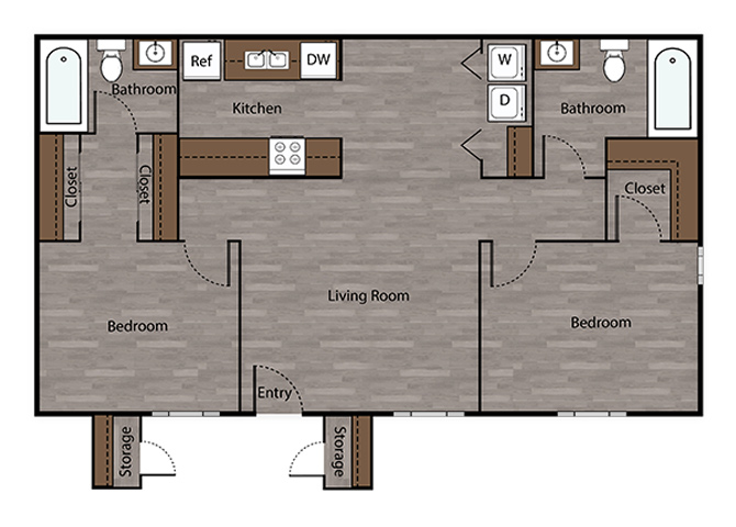 Floor plan for 2 beds, 2 baths, 860 sqft