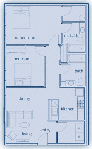 Floor plan for 2 beds, 2 baths, 955 sqft