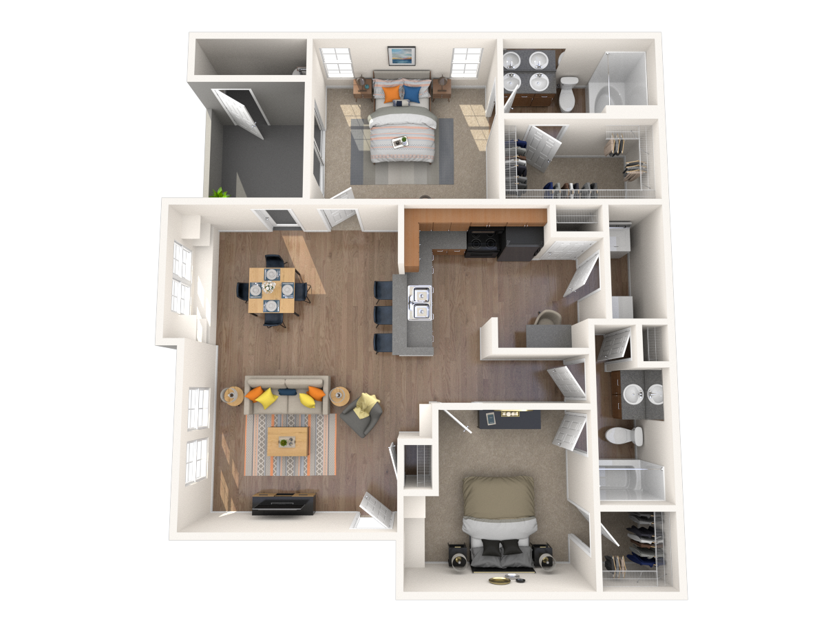 Floor plan for 2 beds, 2 baths, 1168 sqft