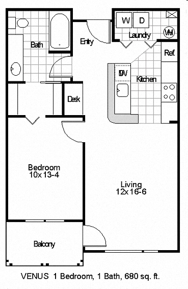 Floor plan for 1 bed, 1 bath, 680 sqft