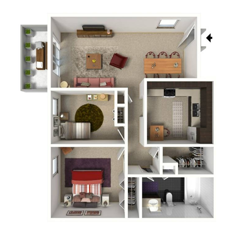 Floor plan for 2 beds, 1 bath, 775 sqft