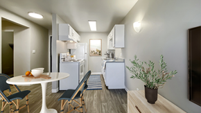 Aurora apartment for rent - A modern kitchen with a dining table and chairs.