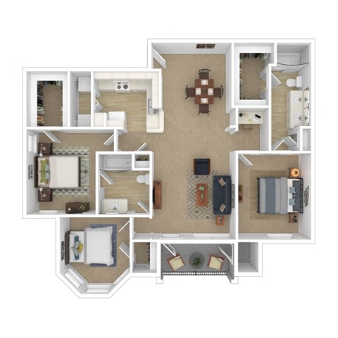 Floor plan for 3 beds, 2 baths, 1309 sqft