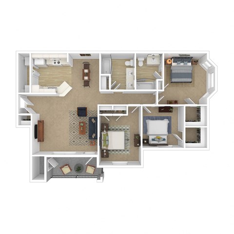 Floor plan for 3 beds, 2 baths, 1208 sqft