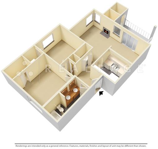 Floor plan for 2 beds, 1 bath, 834 sqft