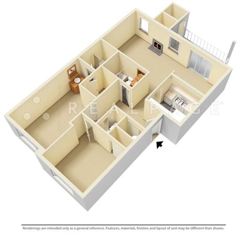 Floor plan for 2 beds, 2 baths, 962 sqft
