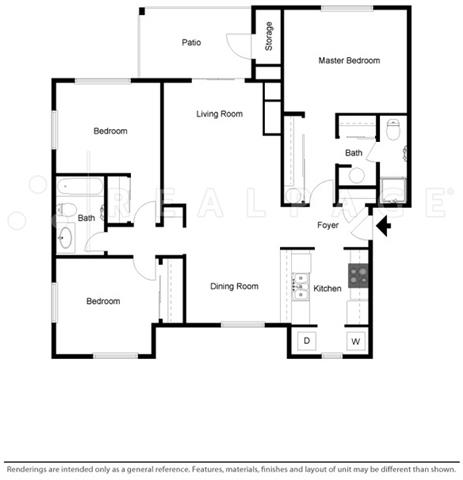 Floor plan for 3 beds, 2 baths, 1147 sqft