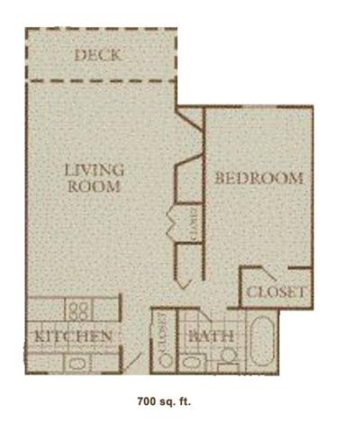 Floor plan for 1 bed, 1 bath, 700 sqft
