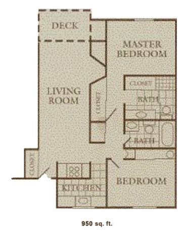 Floor plan for 2 beds, 2 baths, 950 sqft