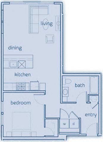 Floor plan for 1 bed, 1 bath, 766 sqft