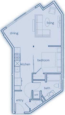 Floor plan for 1 bed, 1 bath, 588 sqft