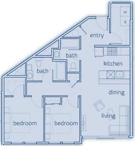 Floor plan for 2 beds, 2 baths, 925 sqft