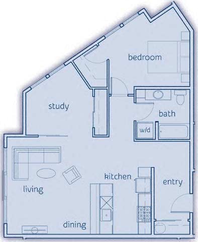 Floor plan for 1 bed, 1 bath, 882 sqft