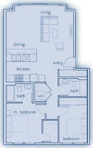 Floor plan for 2 beds, 2 baths, 948 sqft