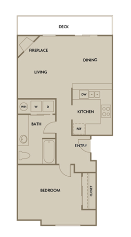 Floor plan for 1 bed, 1 bath, 729 sqft
