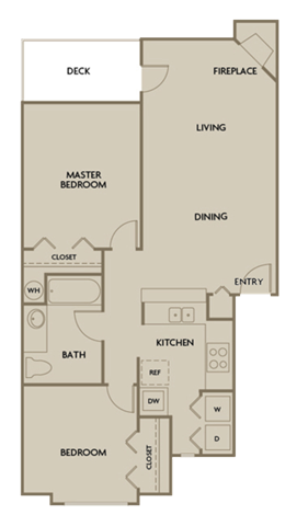 Floor plan for 2 beds, 1 bath, 903 sqft