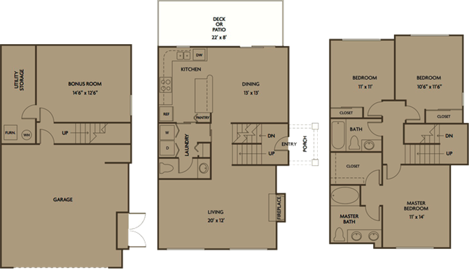 Floor plan for 3 beds, 2.5 baths, 1864 sqft