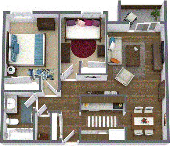 Floor plan for 2 beds, 1 bath, 840 sqft