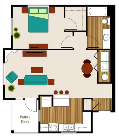 Floor plan for 1 bed, 1 bath, 788 sqft