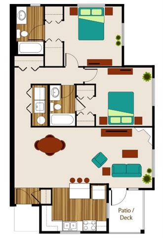 Floor plan for 2 beds, 2 baths, 1083 sqft