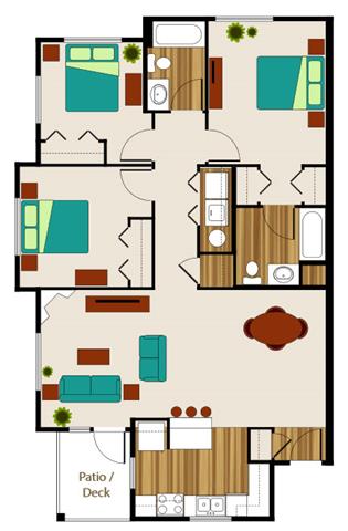 Floor plan for 3 beds, 2 baths, 1243 sqft