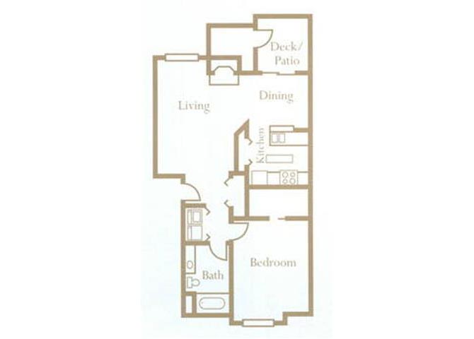 Floor plan for 1 bed, 1 bath, 728 sqft