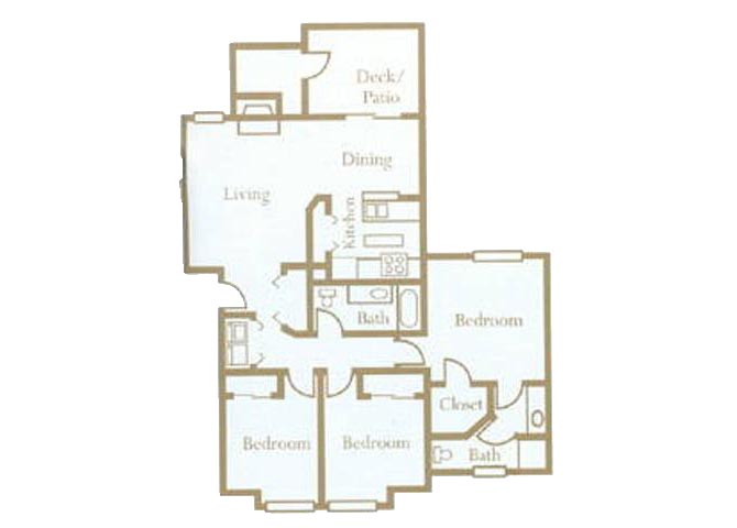 Floor plan for 3 beds, 2 baths, 1087 sqft