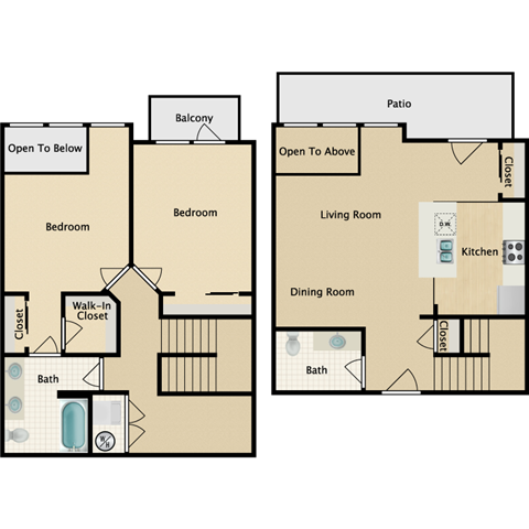 Floor plan for 2 beds, 1.5 baths, 1228 sqft