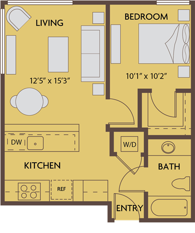 Floor plan for 1 bed, 1 bath, 614 sqft
