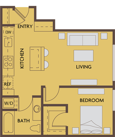 Floor plan for 1 bed, 1 bath, 638 sqft