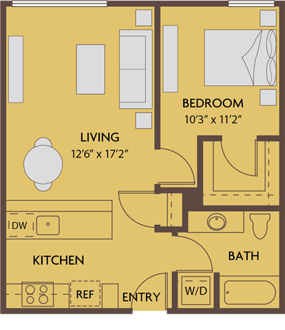Floor plan for 1 bed, 1 bath, 650 sqft