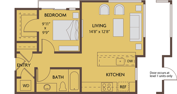 Floor plan for 1 bed, 1 bath, 661 sqft