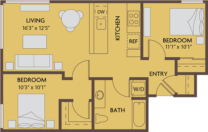 Floor plan for 2 beds, 1 bath, 818 sqft