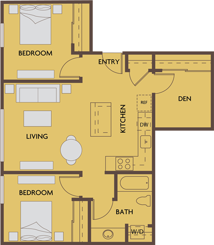 Floor plan for 2 beds, 1 bath, 866 sqft