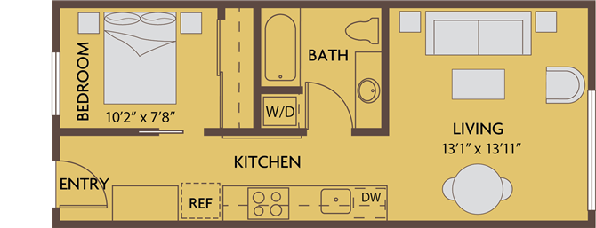 Floor plan for 1 bed, 1 bath, 528 sqft