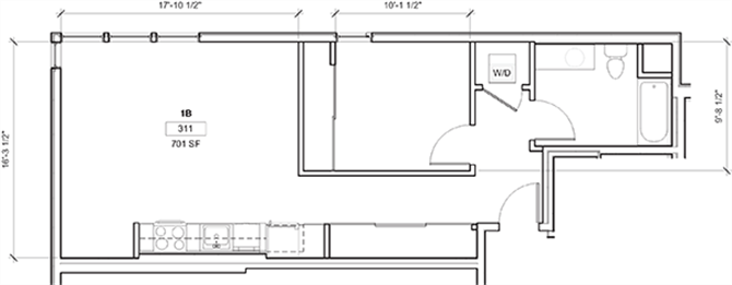 Floor plan for 1 bed, 1 bath, 738 sqft