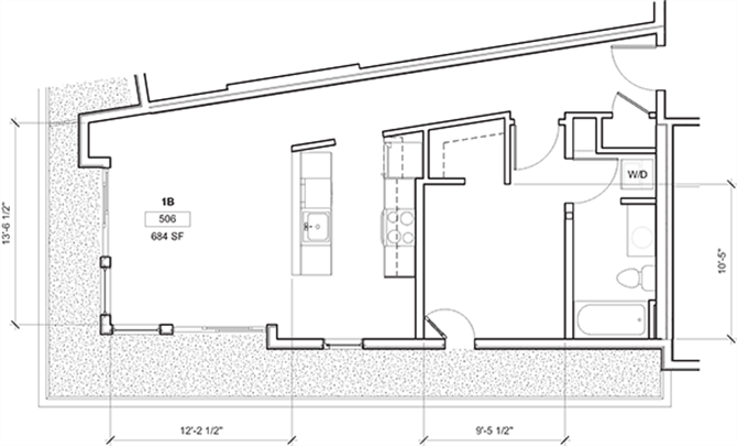 Floor plan for 1 bed, 1 bath, 715 sqft