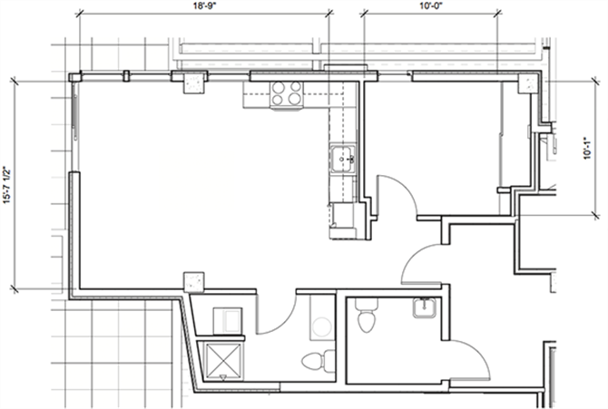 Floor plan for 1 bed, 1 bath, 659 sqft