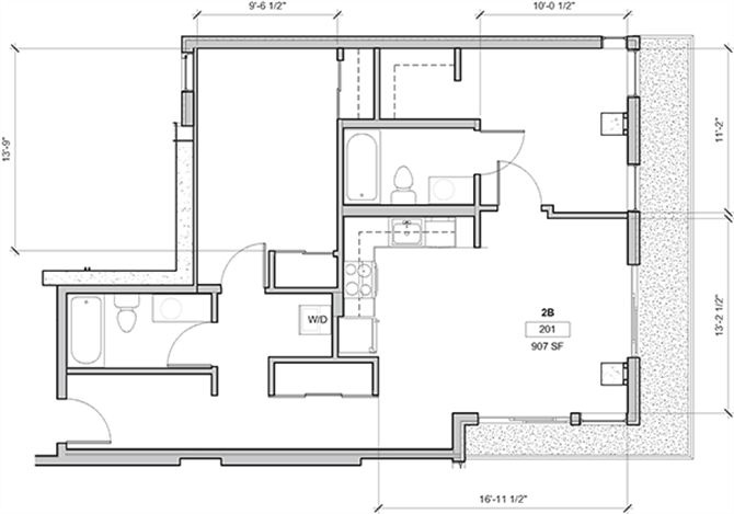Floor plan for 2 beds, 2 baths, 1071 sqft