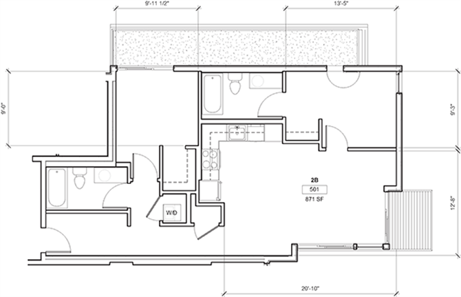 Floor plan for 2 beds, 2 baths, 915 sqft