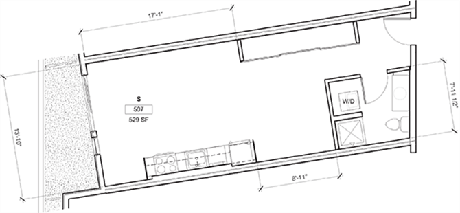 Floor plan for studio, 1 bath, 538 sqft