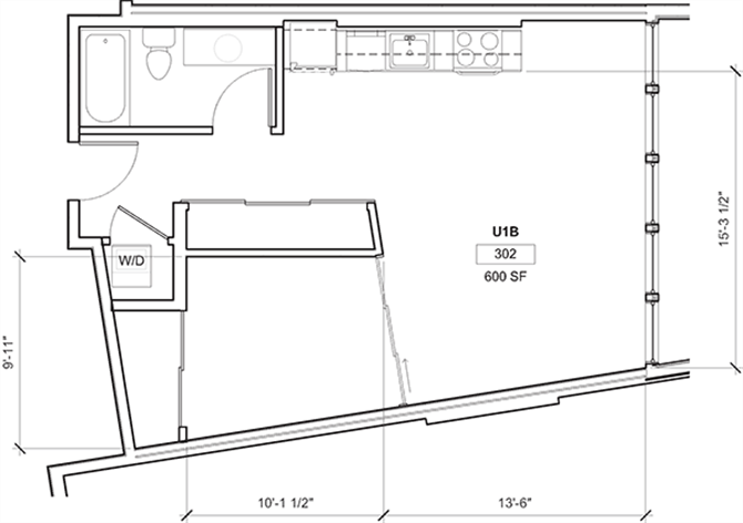 Floor plan for 1 bed, 1 bath, 617 sqft